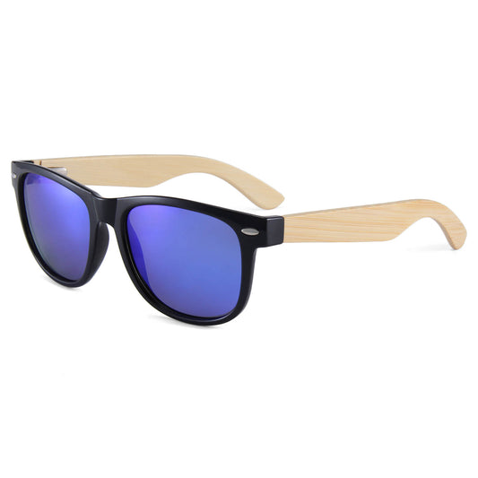 a pair of wooden sunglasses with blue mirrored lenses