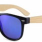 a pair of wooden sunglasses with blue mirrored lenses