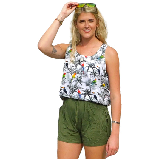 Khaki Green Bamboo Shorts with Waist Tie - YOGAZ