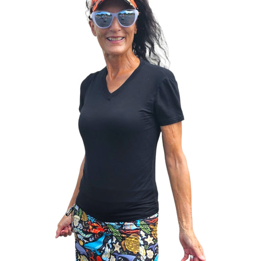 YOGAZ Bamboo UV Protectant V-Neck T-Shirts Black Sizes XXS to XXL - YOGAZ