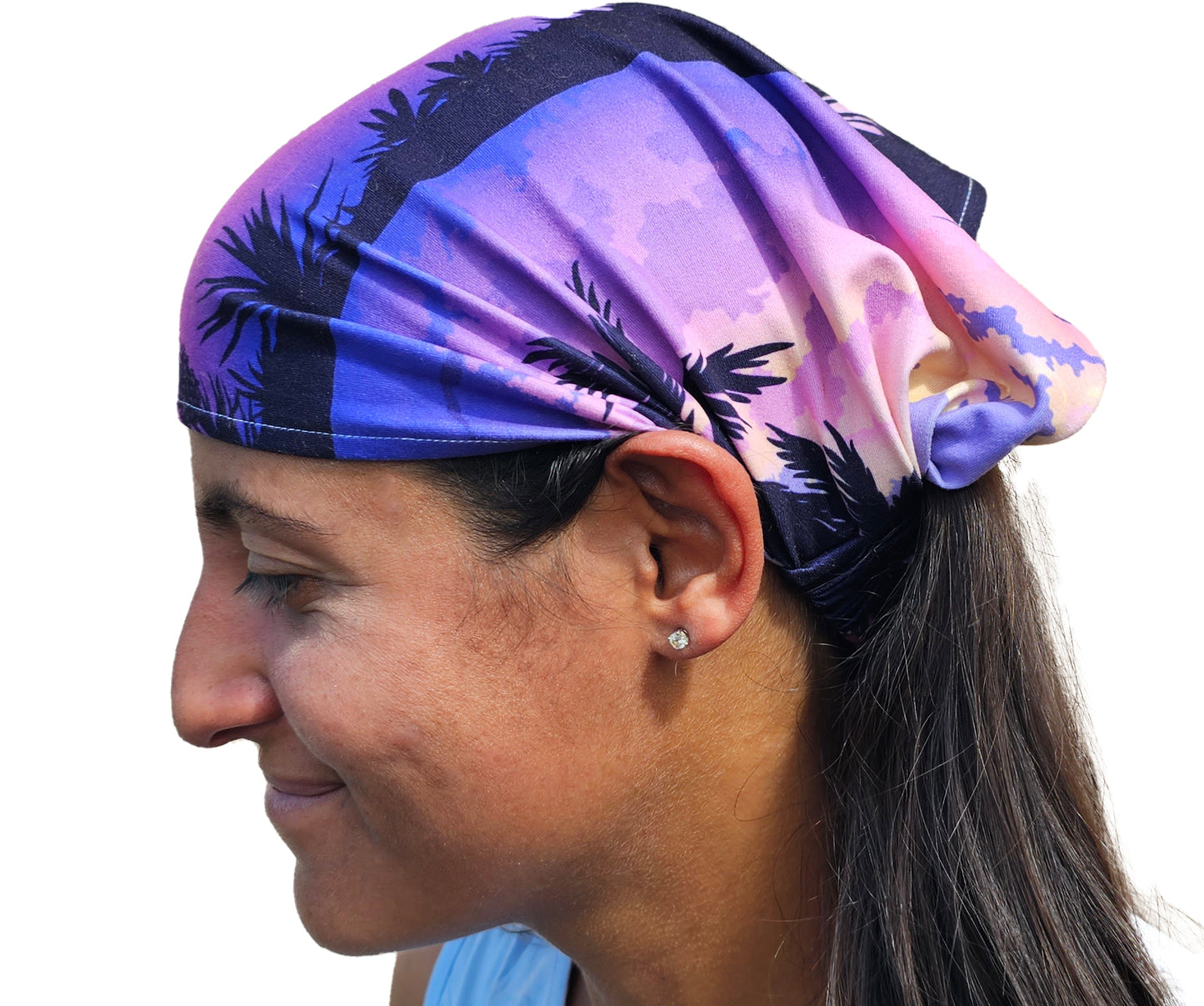 a close up of a person wearing a bandana Lavender island bandana headband 