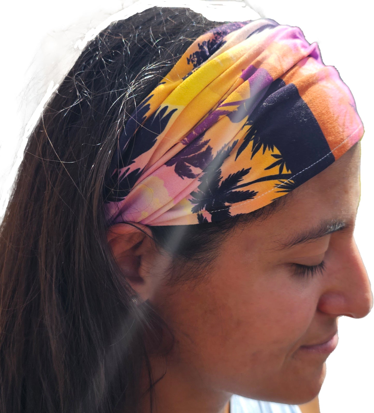 a woman with a colorful Lavender island bandana headband head wrap on her head