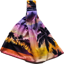Load image into Gallery viewer, a colorful Lavender island bandana headband with palm trees on it
