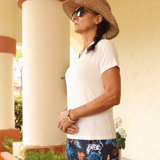 White Eco-Friendly Modal UV Protectant V-Neck T-Shirts - YOGAZ