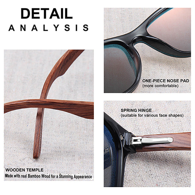 the details of a wooden frame sunglasses