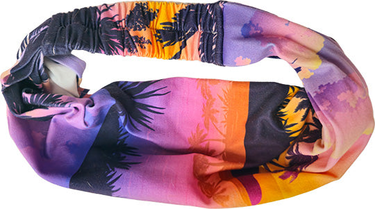 a multicolored Lavender island bandana headband  with palm trees on it
