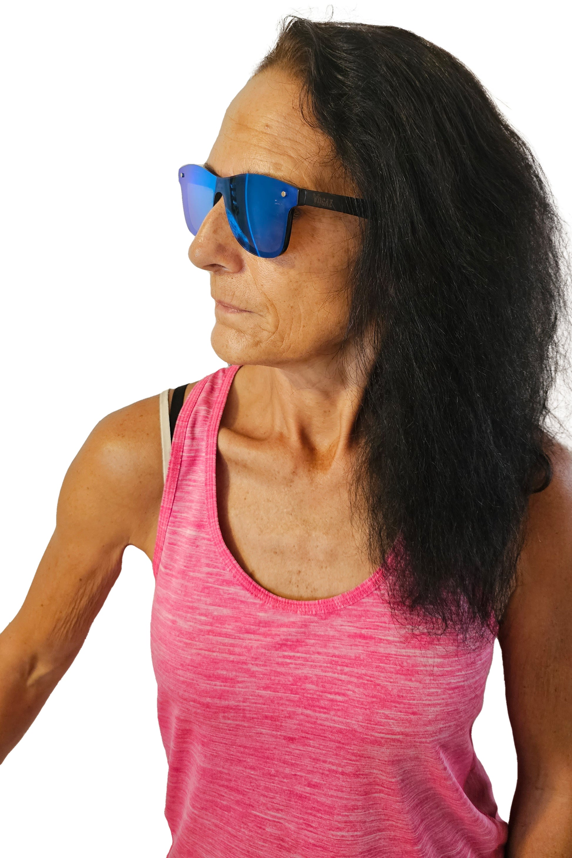 a woman with long hair and blue sunglasses
