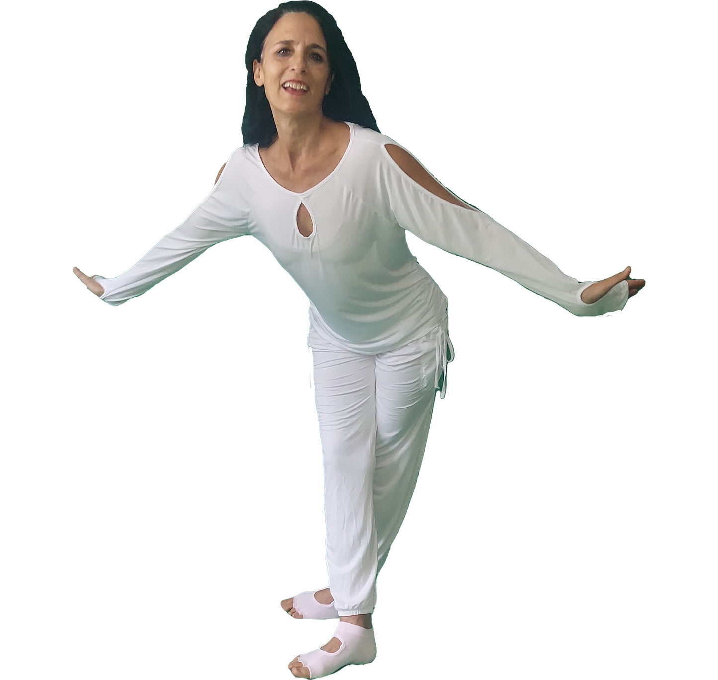 YOGAZ Eco-Friendly Bamboo Fabric Breathe Keyhole White Long Sleeve Shirt