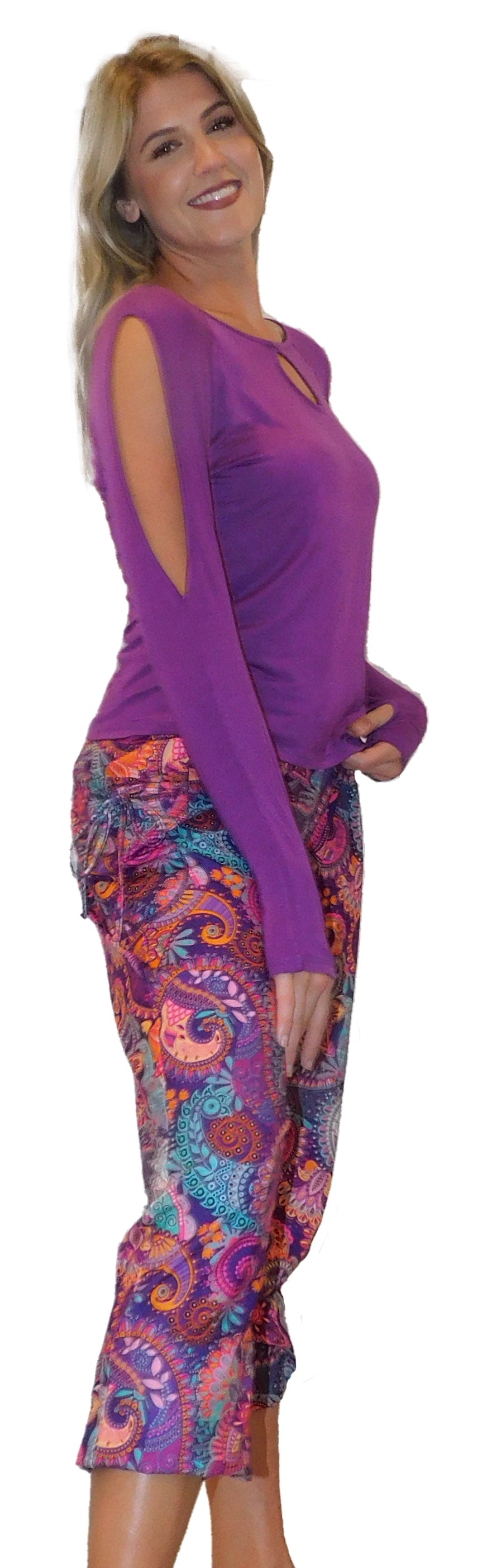 YOGAZ Eco-Friendly Bamboo Fabric Breathe Keyhole Purple Long Sleeve Shirt
