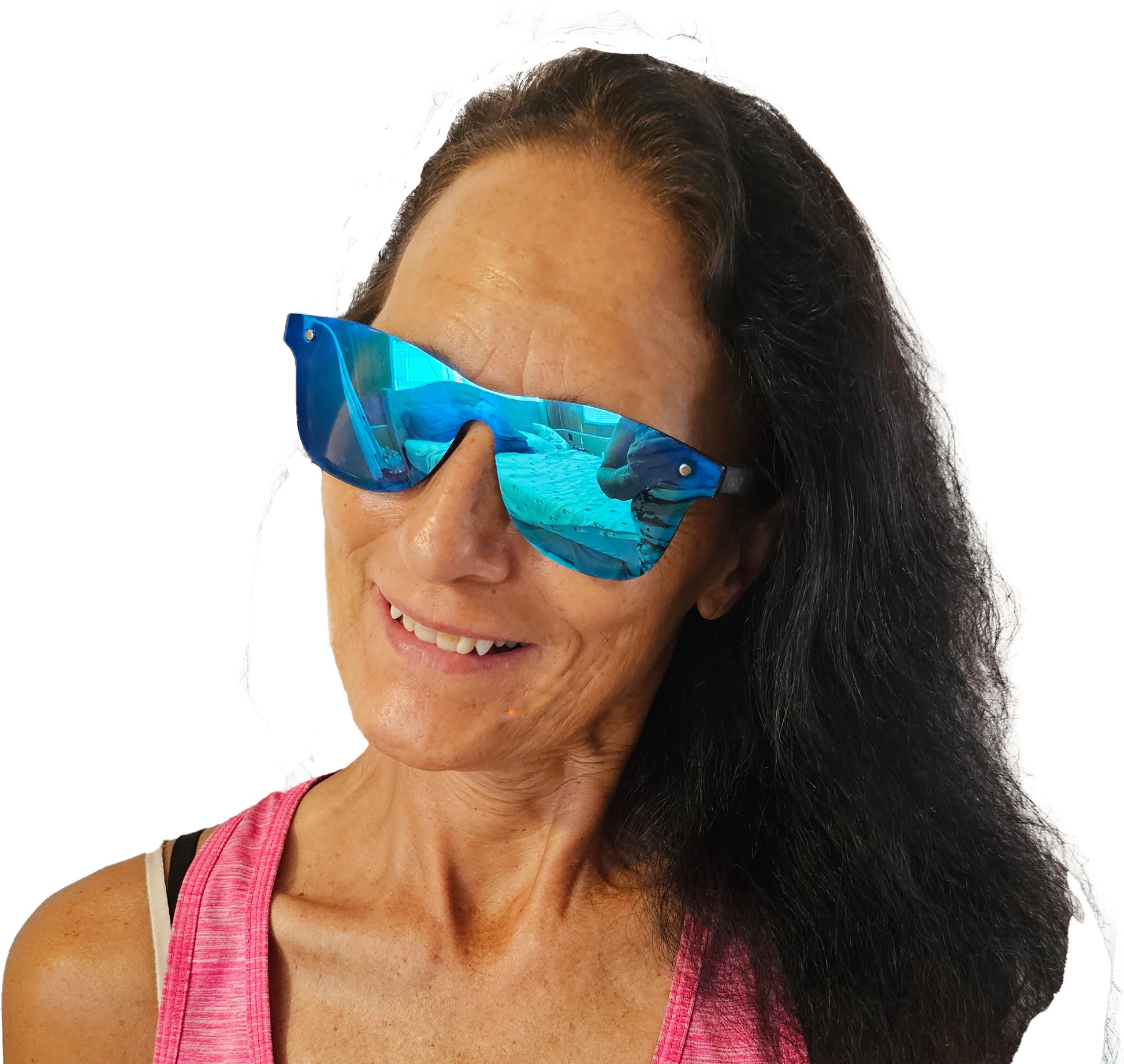 a woman with long black hair wearing blue sunglasses