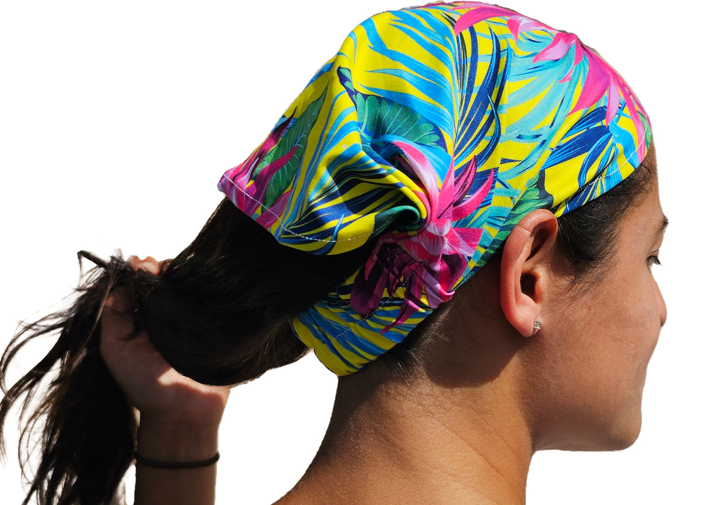 a woman with a colorful hair tie on her head
