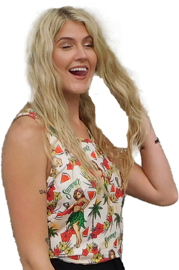 a woman with long blonde hair is smiling wearing a hula girl hawaiian design tank top 