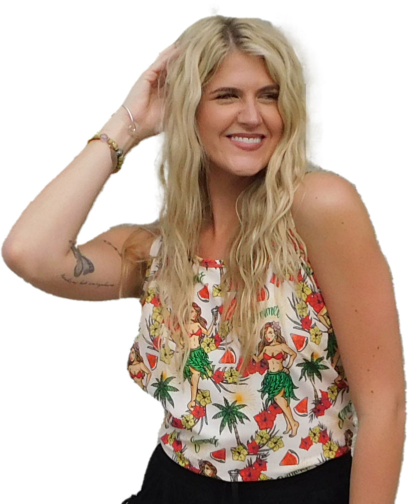a woman with long blonde hair wearing a top wearing a hula girl hawaiian design tank top 