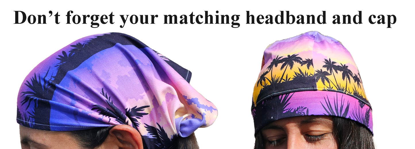 a couple of people wearing hats with palm trees on them wearing a Lavender island wrap and matching bandana headband 