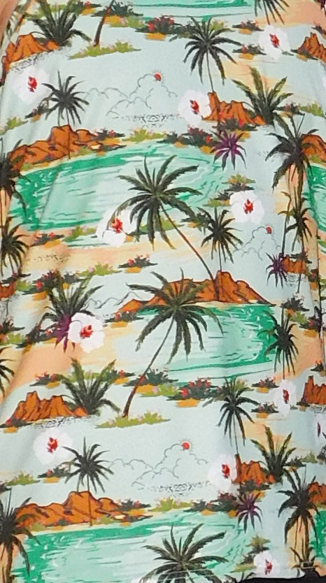 a man wearing a hawaiian shirt with palm trees on it
