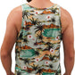 a man wearing a tank top with palm trees on it