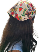 Load image into Gallery viewer, the back of a woman&#39;s head with hula girl hawaiian design bandana long hair
