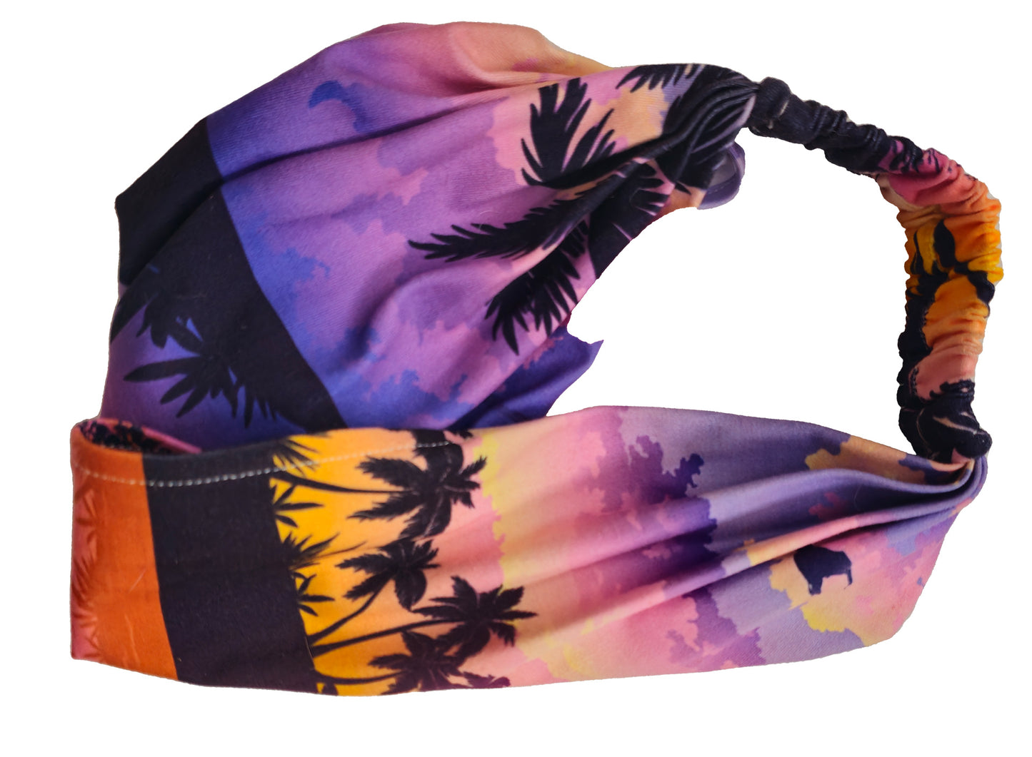 a  Lavender island bandana headband  with palm trees on it 