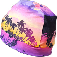 Load image into Gallery viewer, Lavender island  colorful hat with palm trees on it

