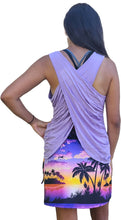 Load image into Gallery viewer, a woman wearing a purple dress with palm trees on it wearing a Lavender island wrap and matching bandana headband 
