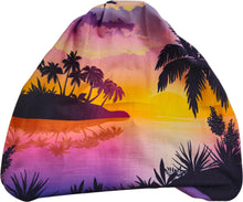 Load image into Gallery viewer, a picture of a tropical sunset with palm trees Lavender island bandana headband 
