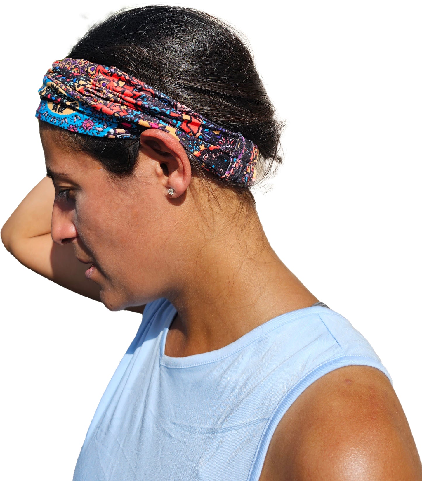 a woman with mandala headband headband on her head