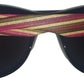 a pair of sunglasses with a red, yellow and brown striped strap