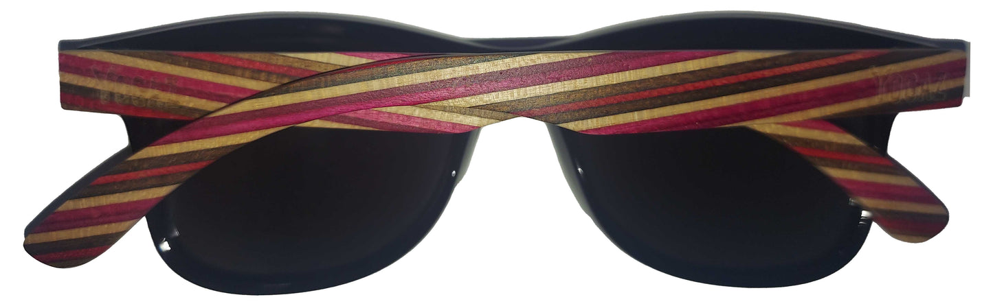 a pair of sunglasses with a red, yellow and brown striped strap