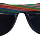 a pair of sunglasses with a multicolored strap