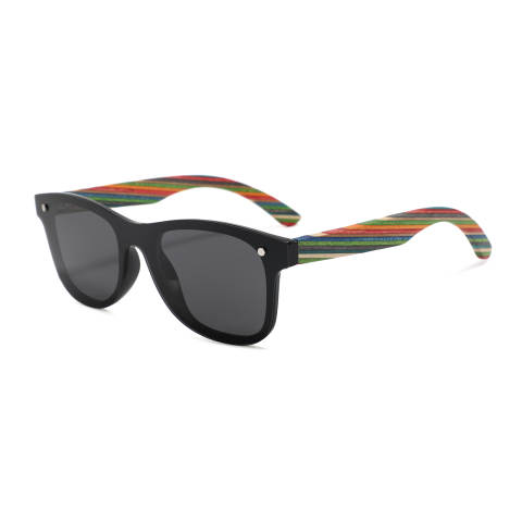 a pair of black sunglasses with a colorful striped handle