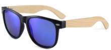 a pair of wooden sunglasses with blue mirrored lenses