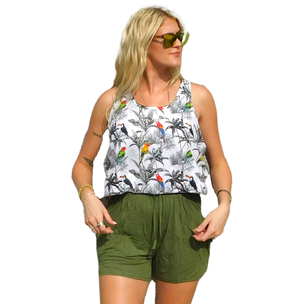 Khaki Green Bamboo Shorts with Waist Tie - YOGAZ