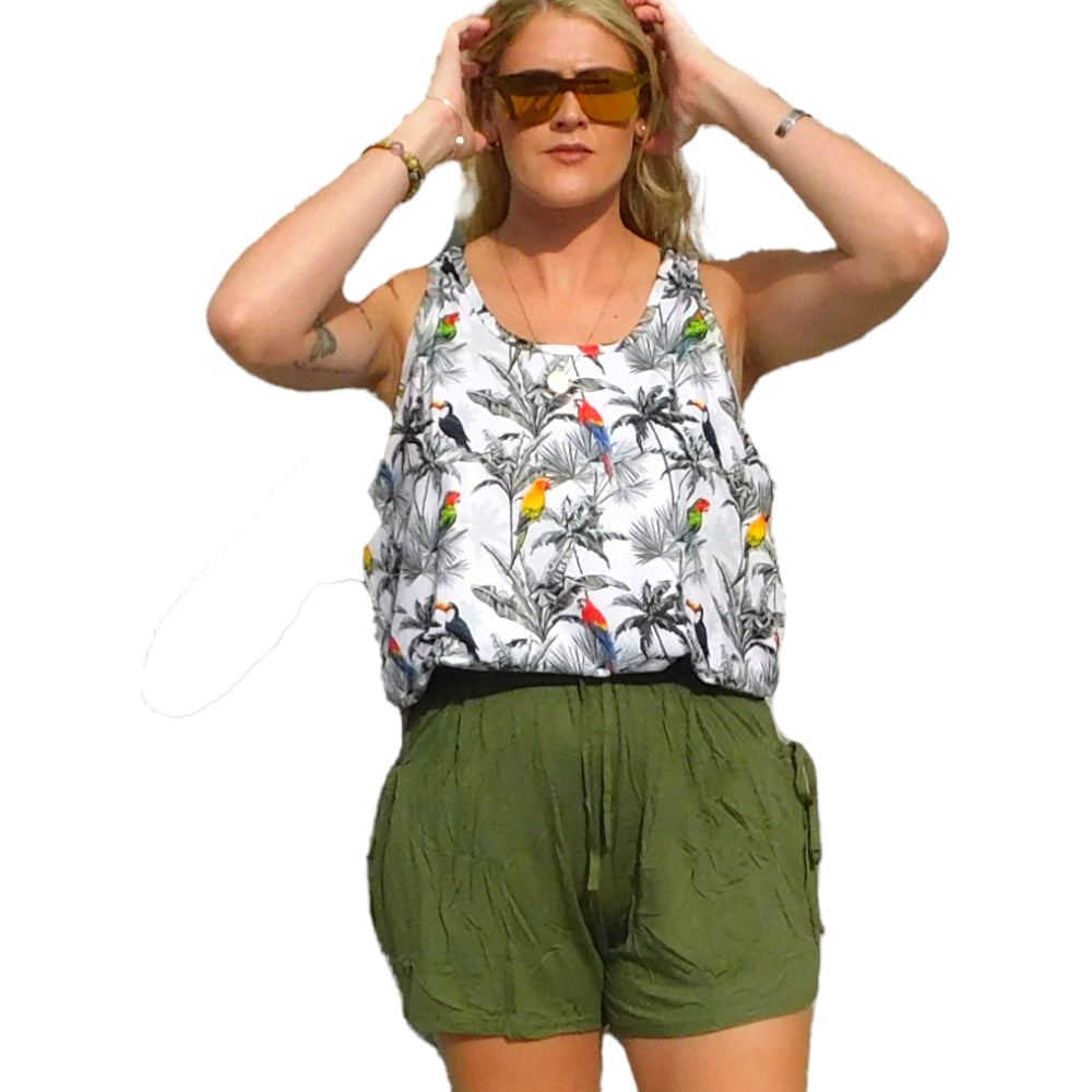Khaki Green Bamboo Shorts with Waist Tie - YOGAZ