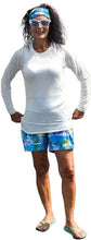 Load image into Gallery viewer, a woman in a white shirt and blue shorts
