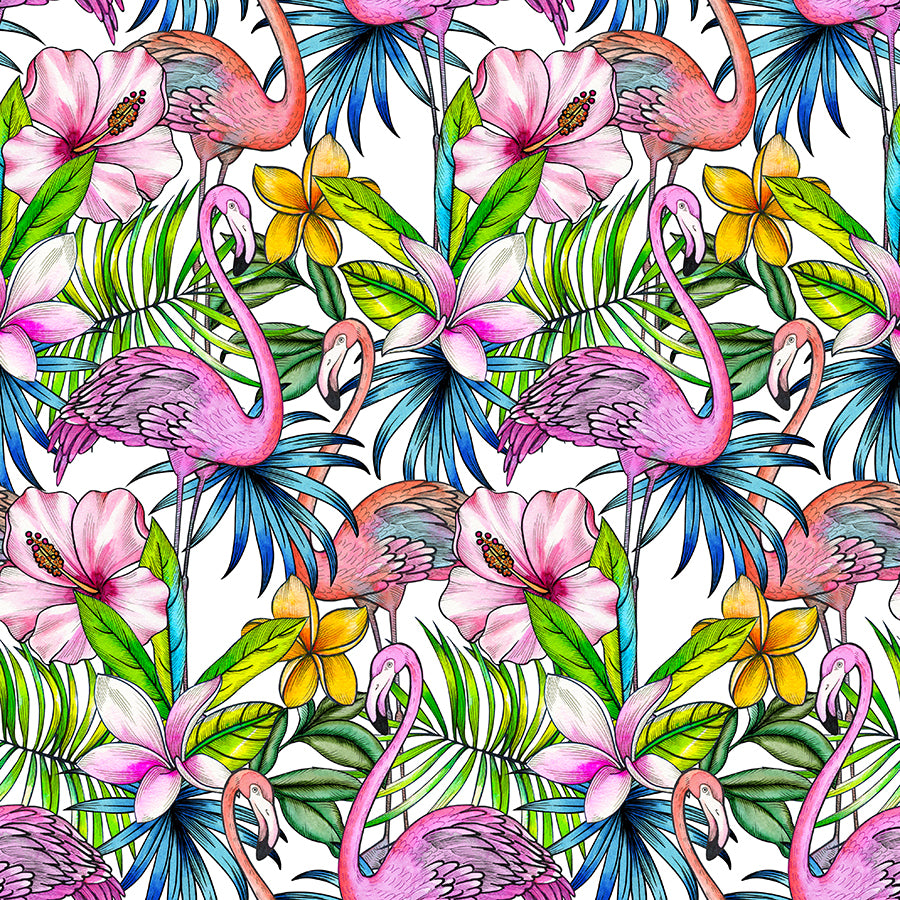 a pink flamingo with tropical leaves and flowers on a white background