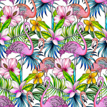 Load image into Gallery viewer, a pink flamingo with tropical leaves and flowers on a white background
