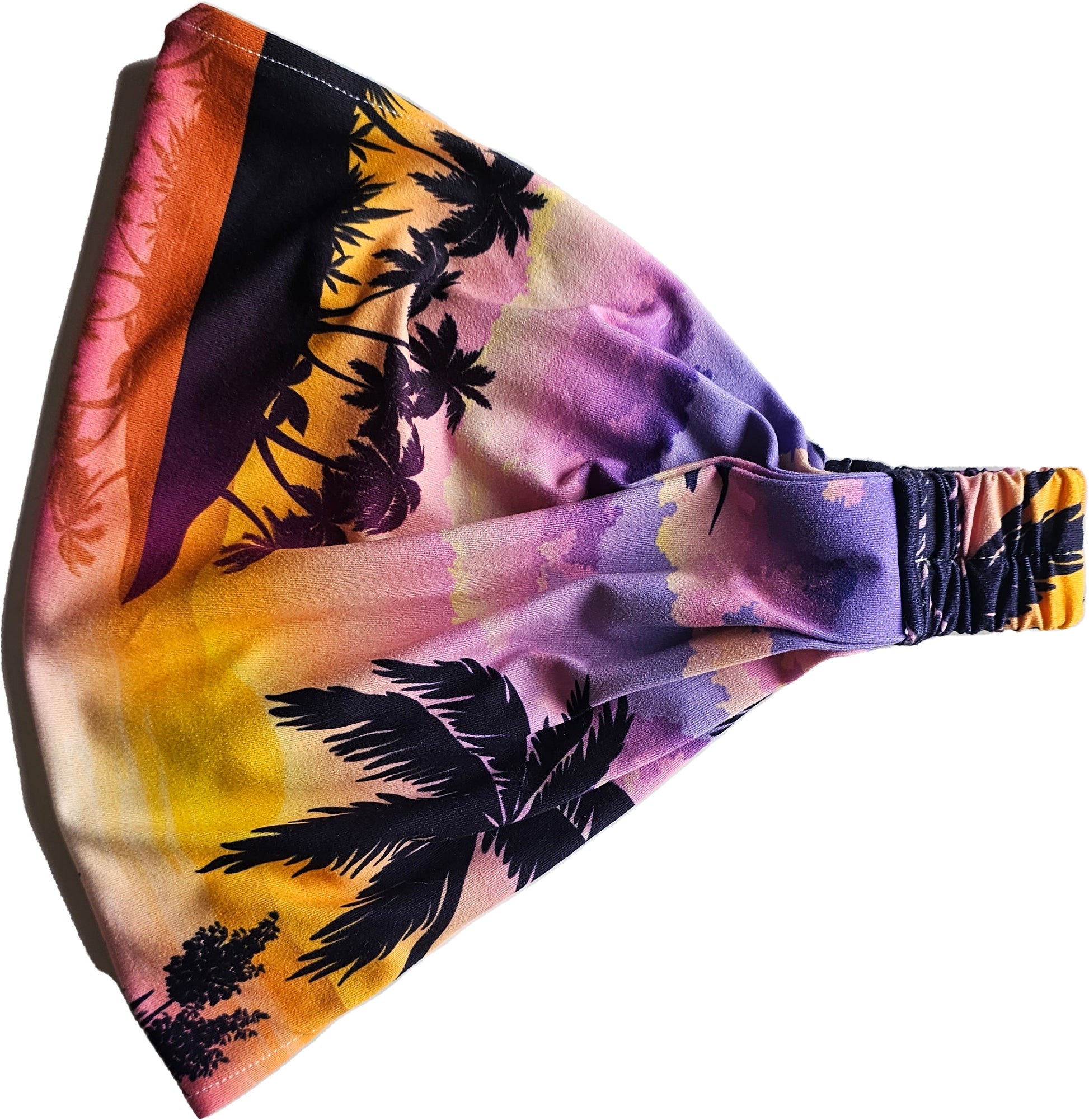 a Lavender island bandana headband  that has a palm tree on it