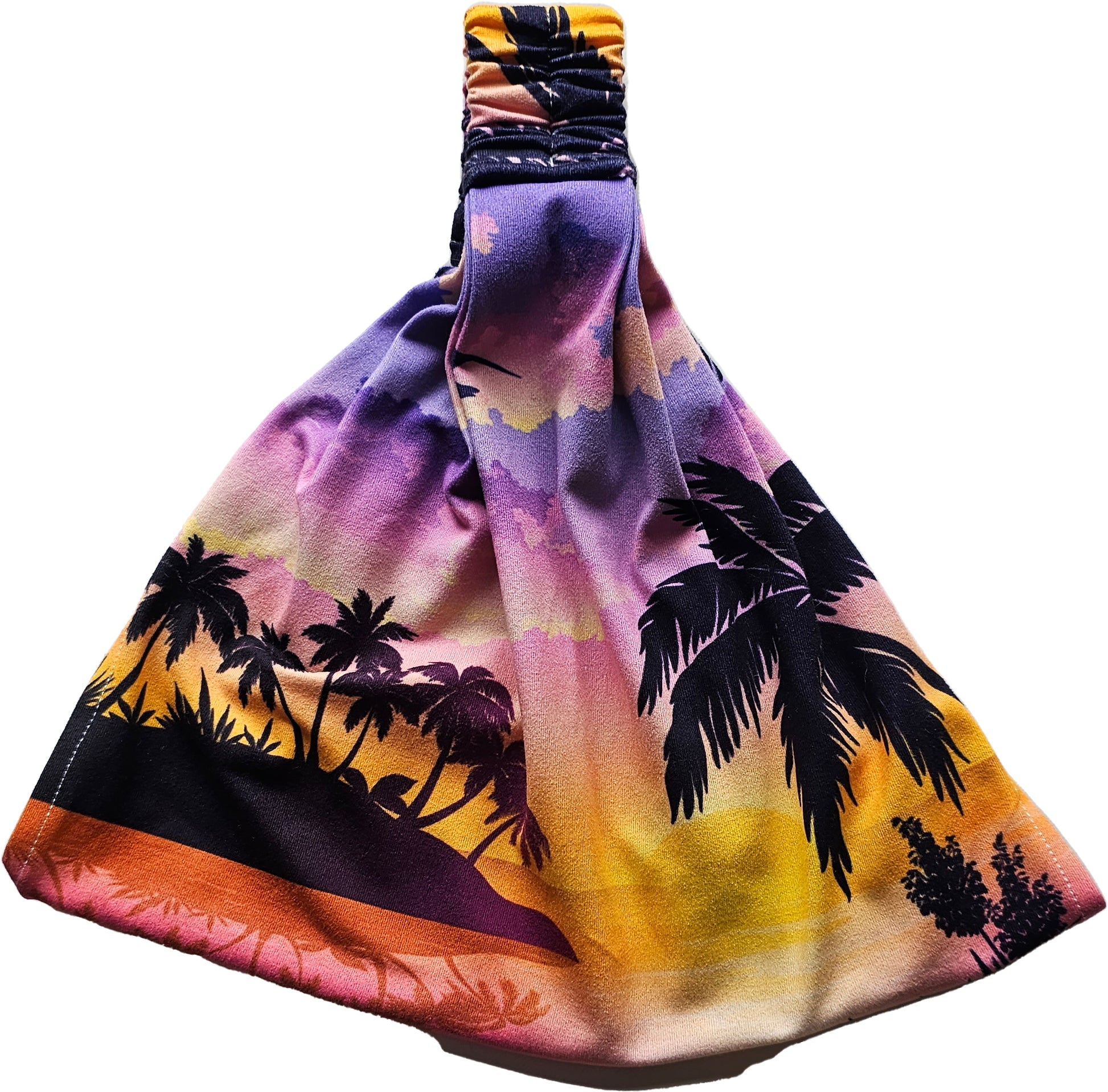 a colorful Lavender island bandana headband with palm trees on it