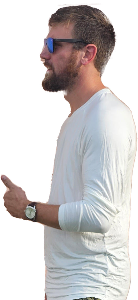 a man with a beard wearing sunglasses and a white shirt