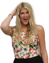 Load image into Gallery viewer, a woman with long blonde hair wearing a hula girl hawaiian design tank top 
