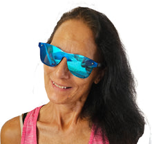 Load image into Gallery viewer, a woman with long black hair wearing blue sunglasses
