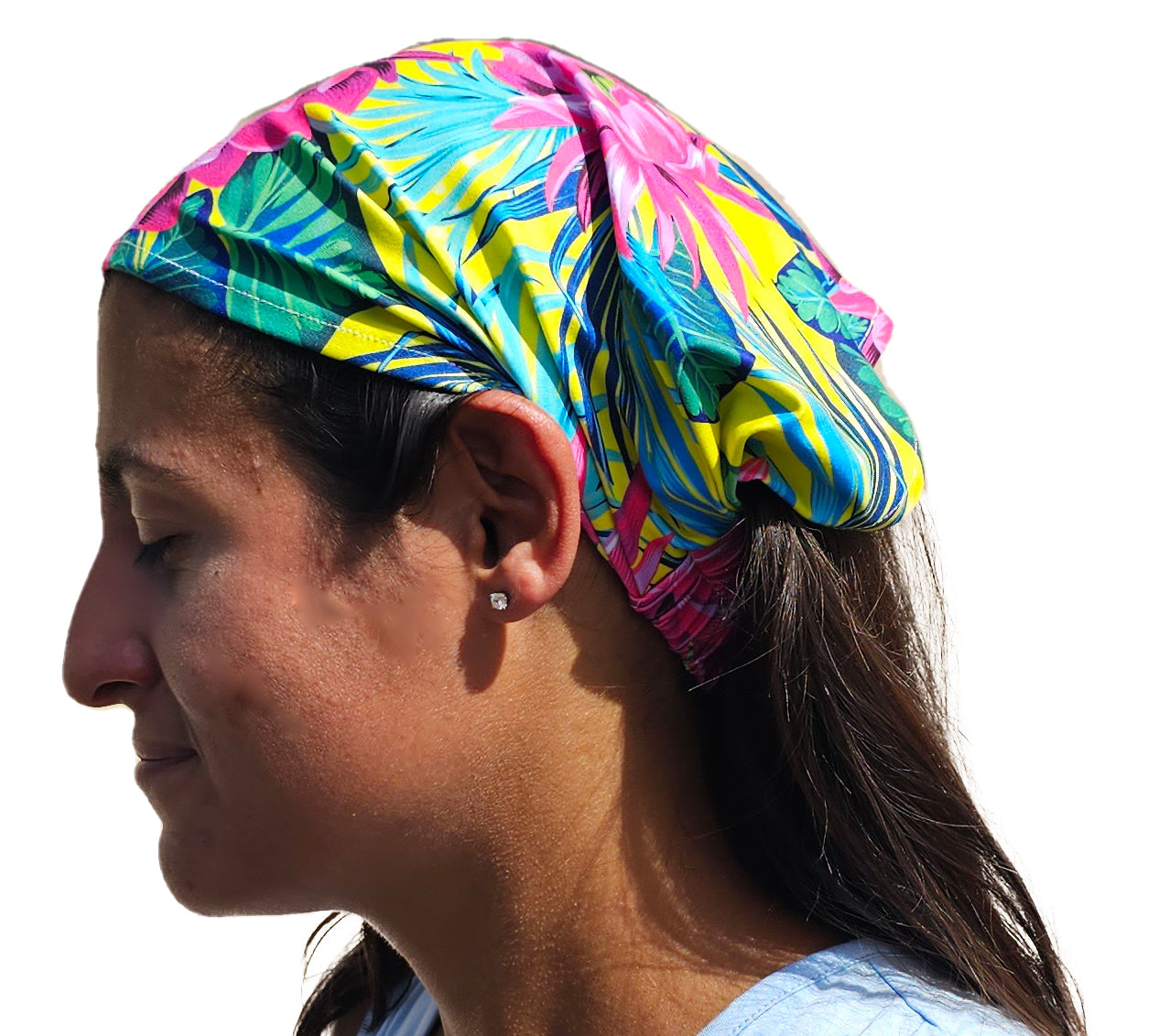 a woman with a colorful head wrap on her head
