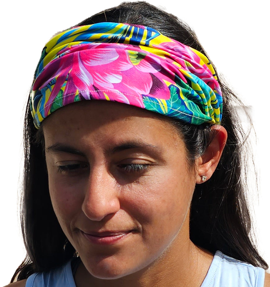 a woman with a colorful headband on her head