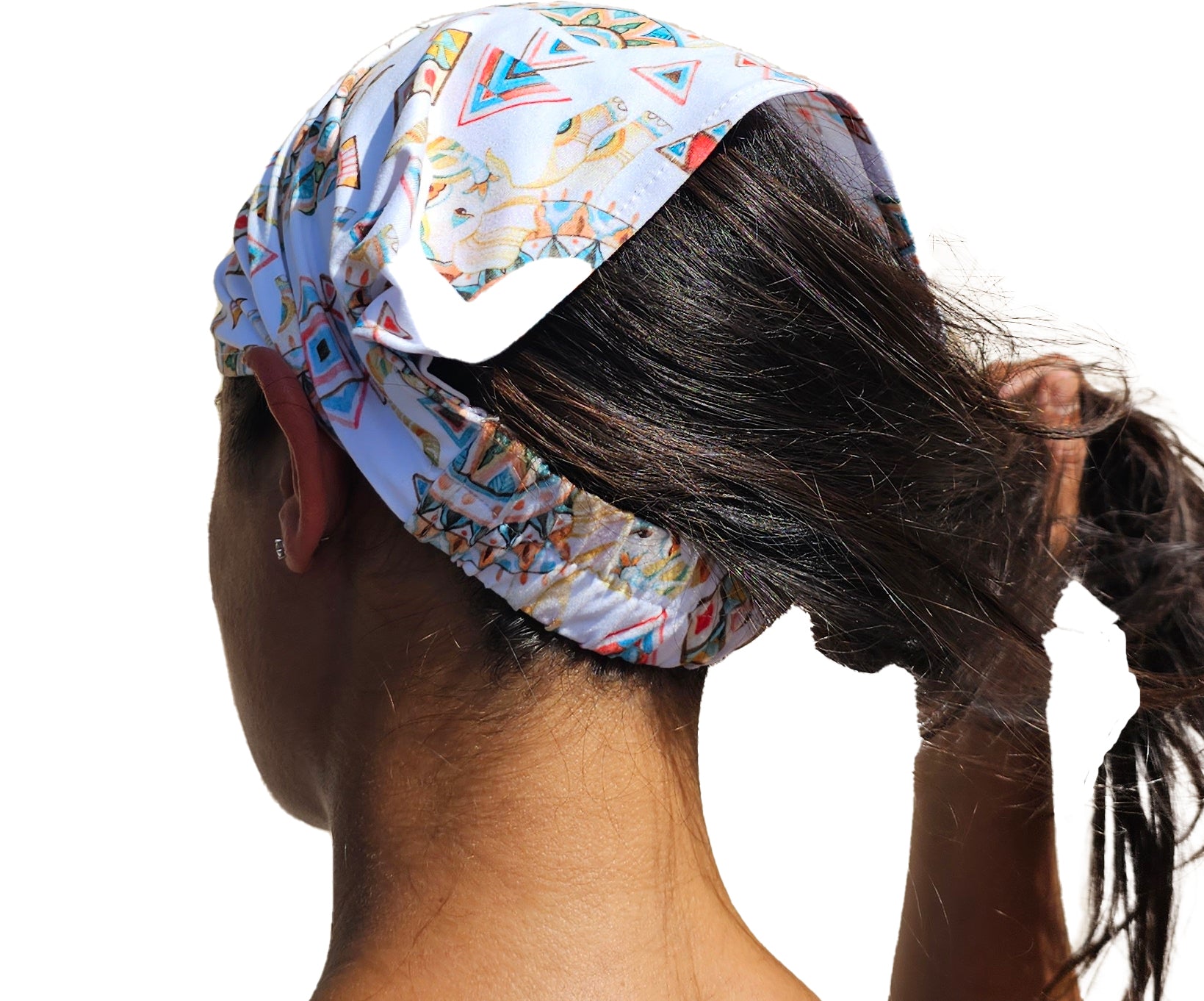 a woman with a bandana on her head