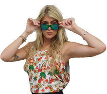 Load image into Gallery viewer, a woman in a hula girl hawaiian design tank top is holding up her sunglasses
