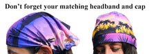 Load image into Gallery viewer, a couple of people wearing hats with palm trees on them wearing a Lavender island wrap and matching bandana headband 
