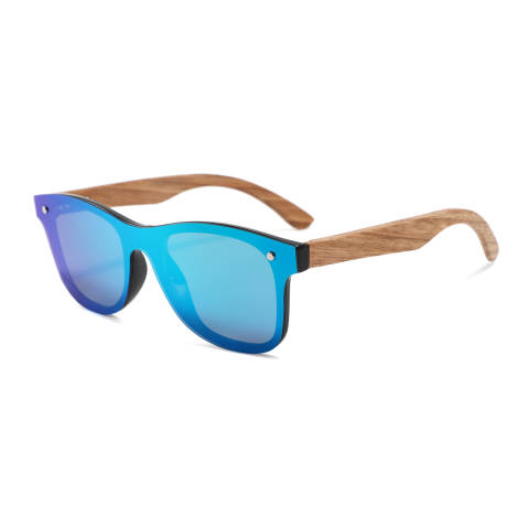 a pair of wooden sunglasses with blue mirrored lenses