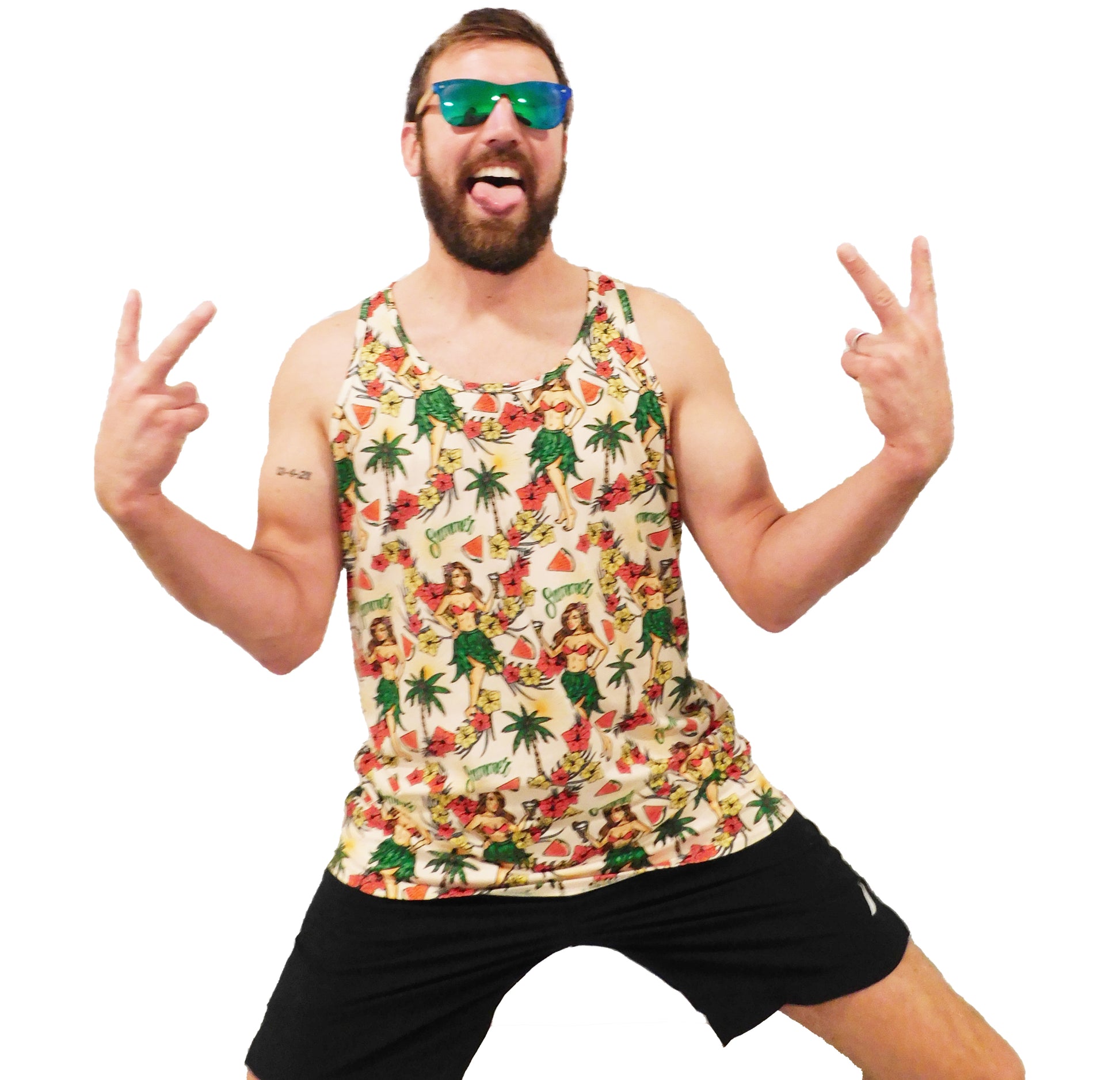 a man wearing sunglasses and a hula girl hawaiian design tank top 
