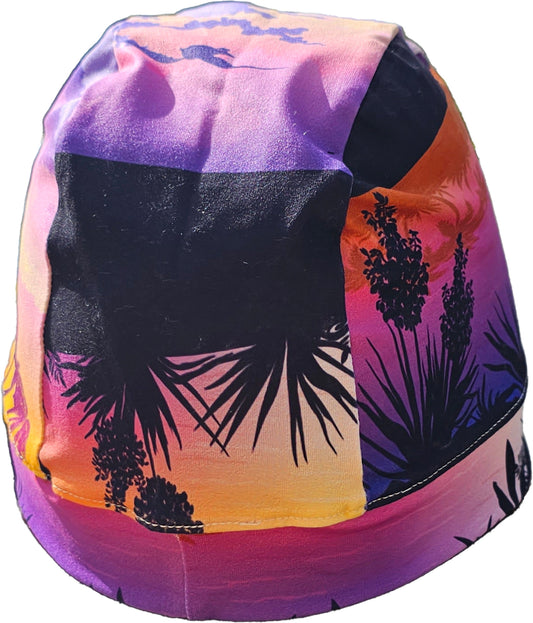 Lavender island hat with palm trees painted on it
