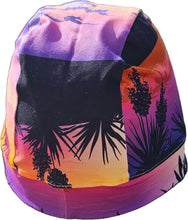 Load image into Gallery viewer, Lavender island hat with palm trees painted on it
